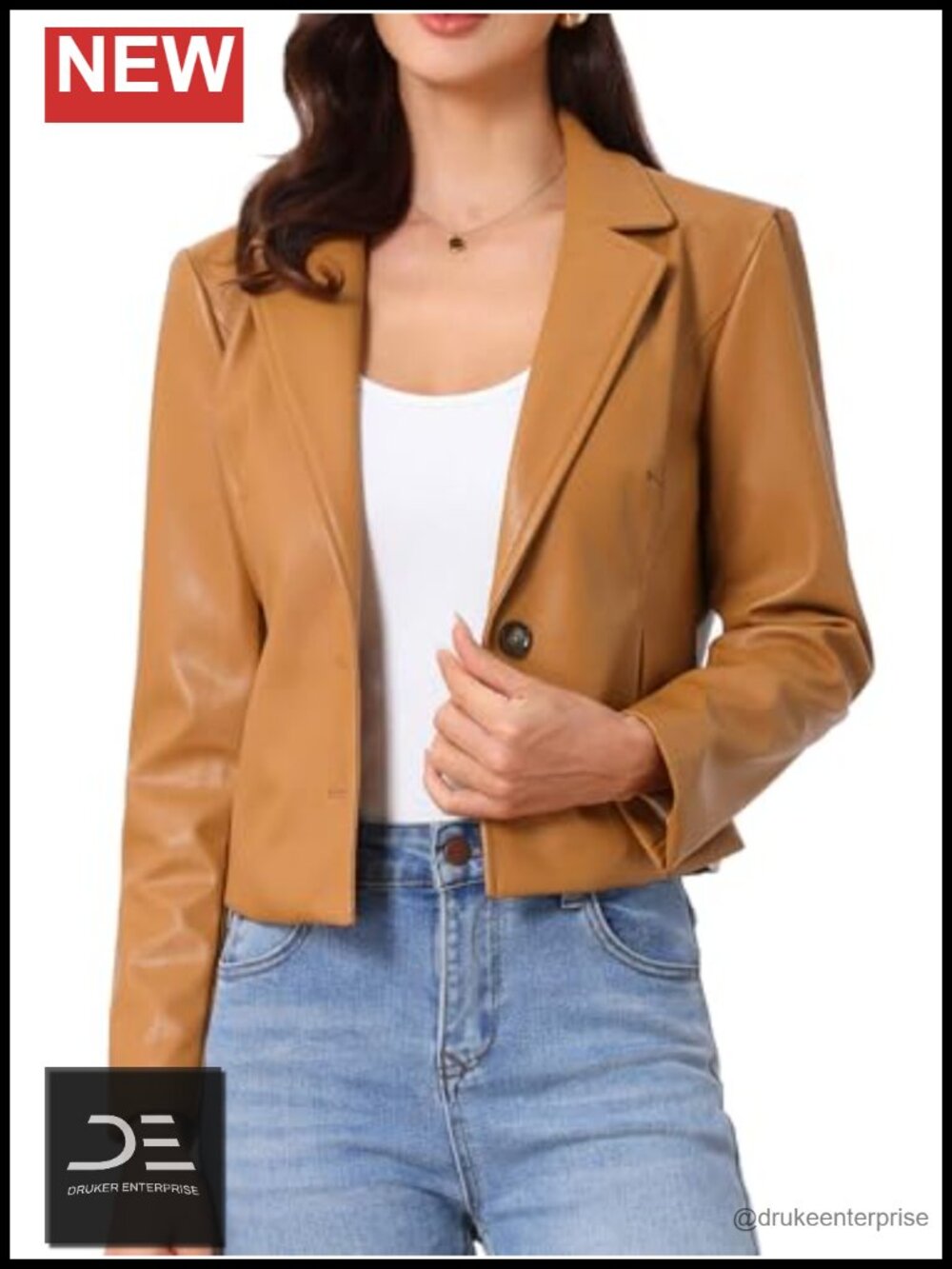 Faux PU Leather Cropped Motorcycle Jacket Button Down Open Front